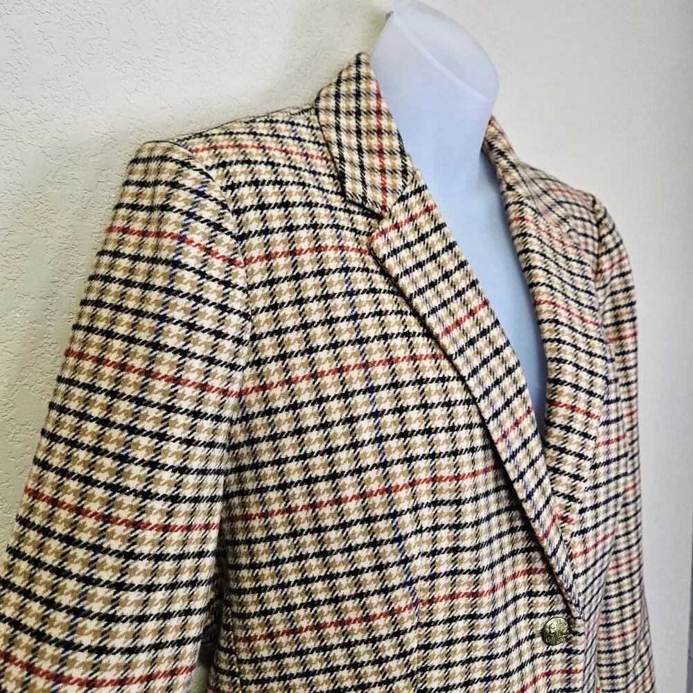 J.Crew Tweed Schoolboy Blazer Women 14 Camel Navy Plaid Gold Crest Buttons NEW